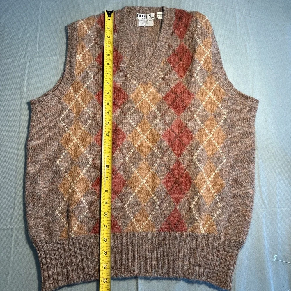 Filenes Mens Argyle Sweater Vest Brown Wool Shetland Made in Scotland Large L